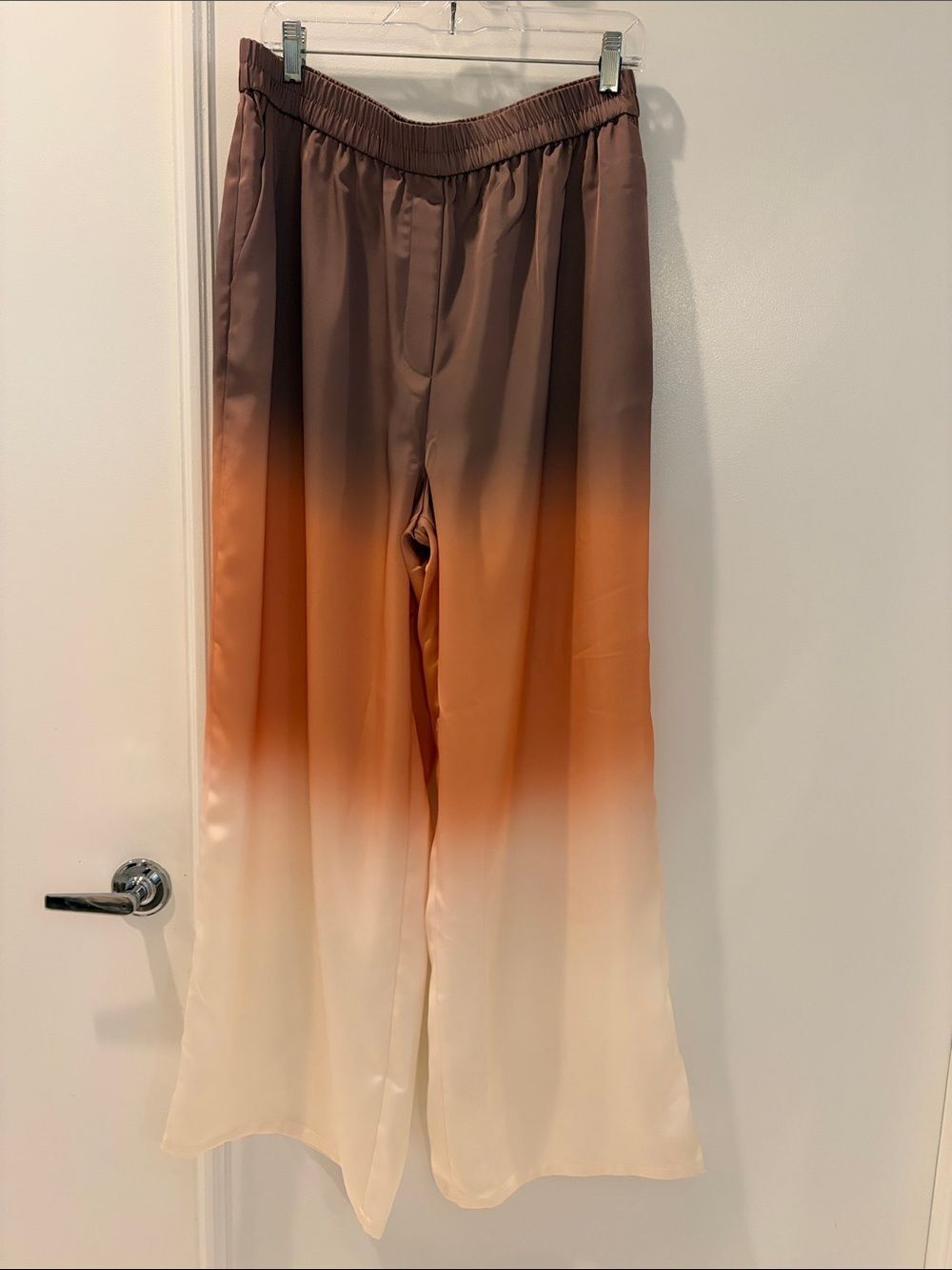 Calvin Klein Ombre Satin Boot-Flare Pants in Brown, Orange & Cream